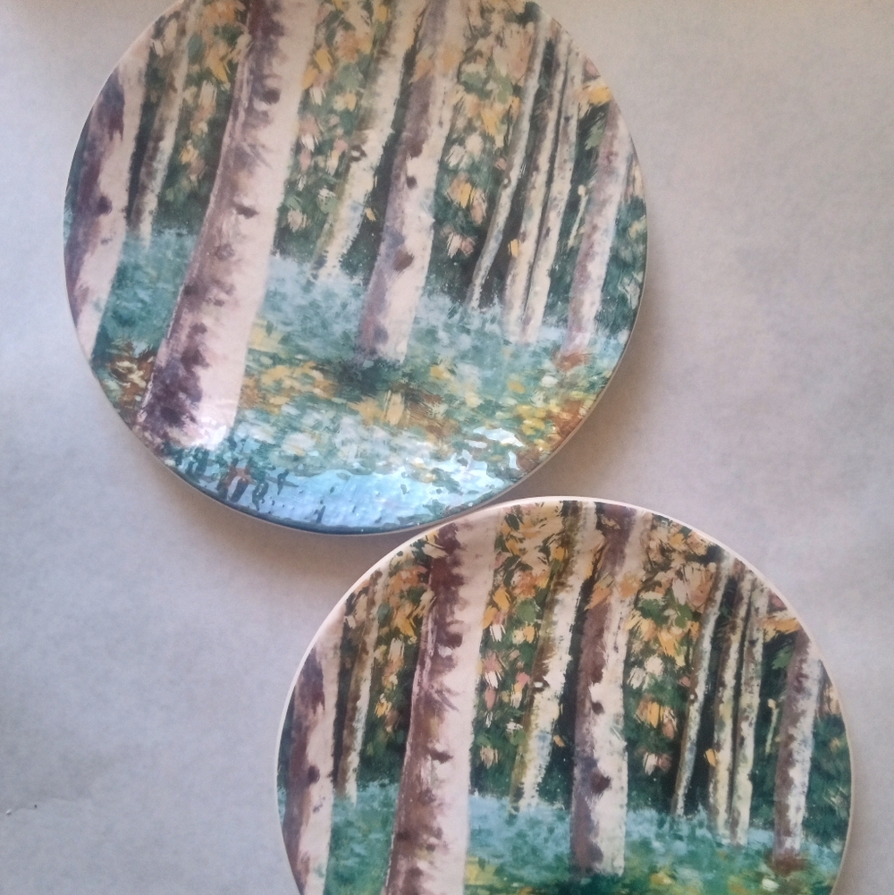 Pier 1 Ironstone Teal Burch Tree Forest 9" Ceramic Wall Hanging Plates